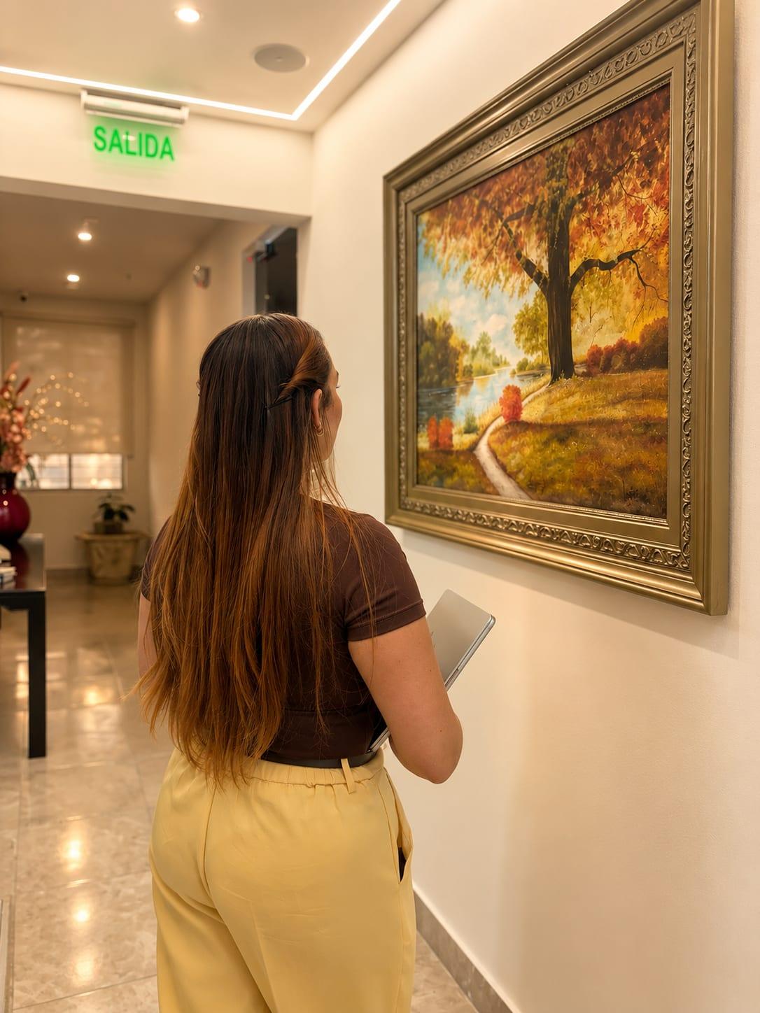 A guest admiring a painting in the hallway