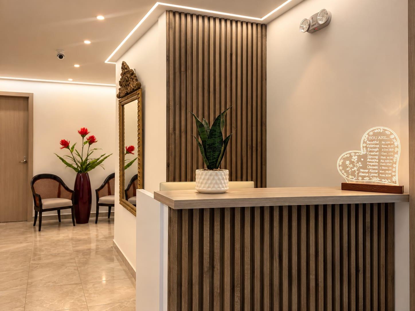 Casa 53 reception with a wooden desk, plants and warm light