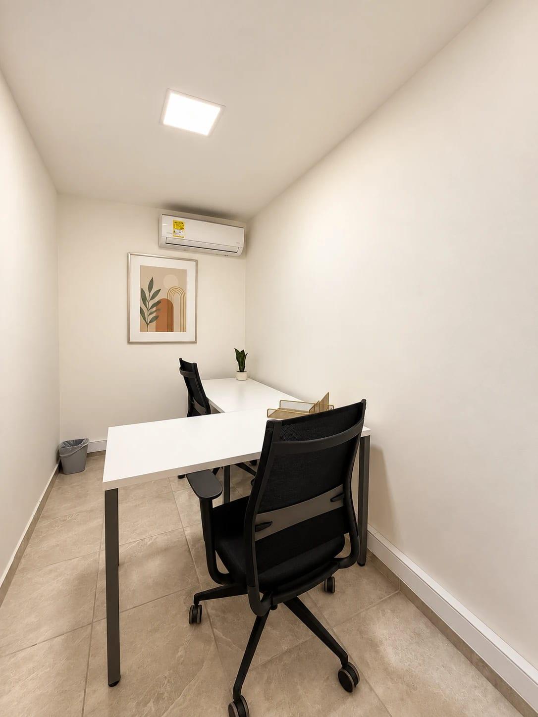 Compact private office with an L-shaped desk and skylight panel